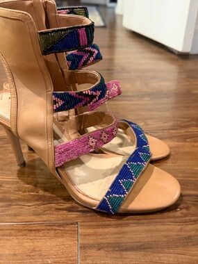 Gianni Bini Tan Heeled Sandals with Pink & Blue Beaded Straps